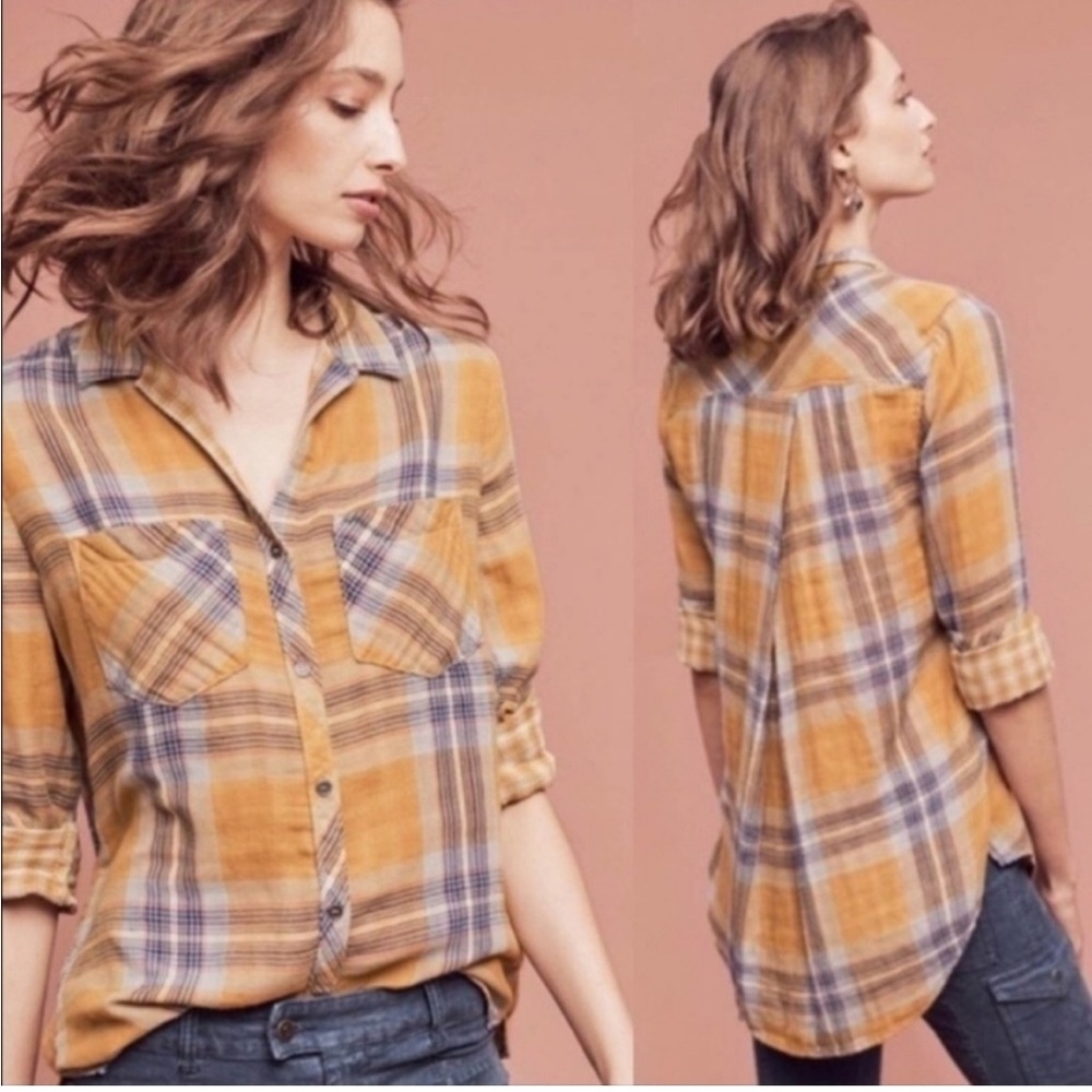 Anthropology Cloth & Stone Mustard Blue Plaid Flannel Shirt sz S